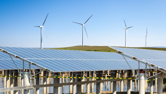 wind farm and solar energy under the sunny sky